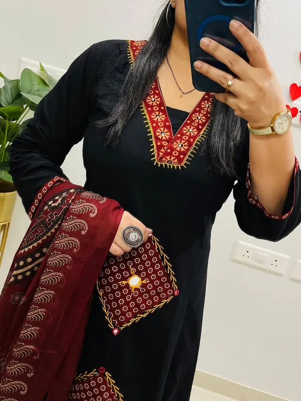 Black_Cotton_Straight_Printed_Kurta_Pant_Dupatta_Set_For_Women