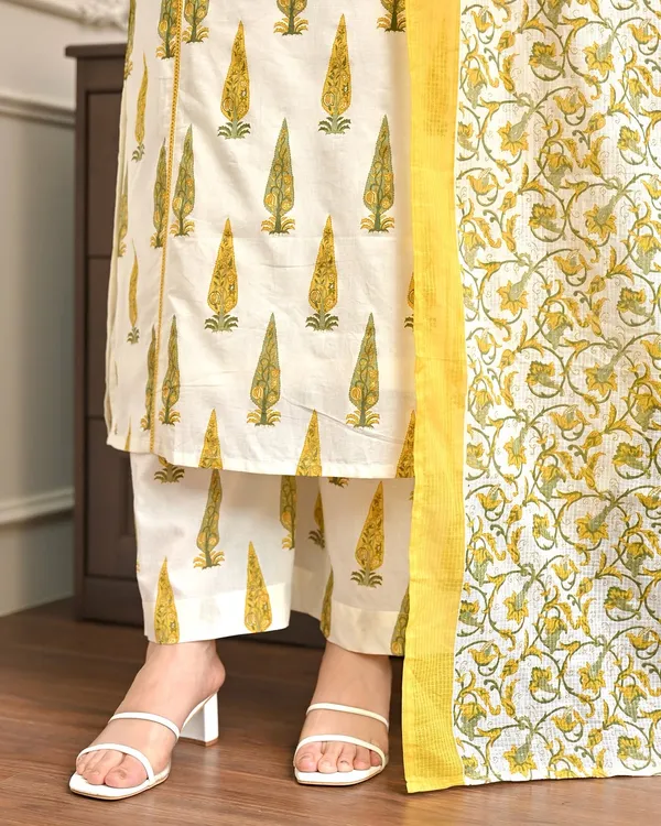 White_Yellow_Cotton_Straight_Printed_Kurta_Pant_Dupatta_Set_For_Women