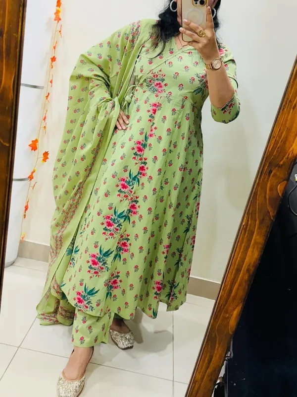 Green_Cotton_Floral_Printed_Kurta_Pant_Dupatta_Set_For_Women