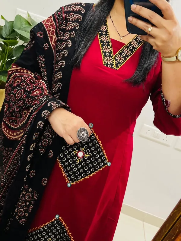 Red_Cotton_Straight_Kurta_Pant_Dupatta_Set_For_Women