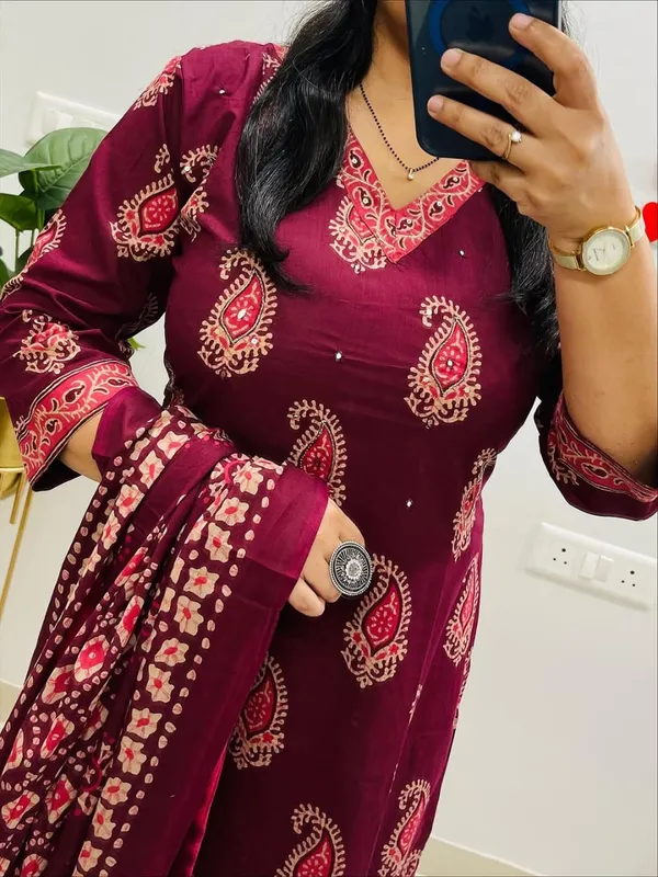 Maroon_Cotton_Printed_Straight_Kurti_Pant_Dupatta_Set_For_Women