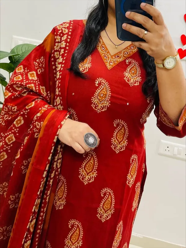 Red_Cotton_Printed_Straight_Kurti_Pant_Dupatta_Set_For_Women