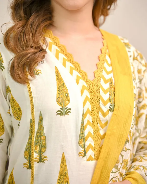 White_Yellow_Cotton_Straight_Printed_Kurta_Pant_Dupatta_Set_For_Women