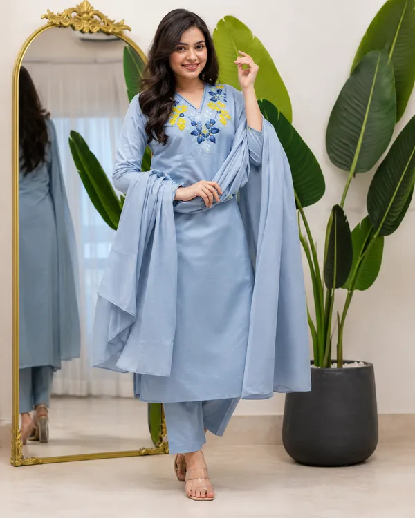 Blue_Cotton_Embroidered_Kurta_Pant_Dupatta_Set_For_Women