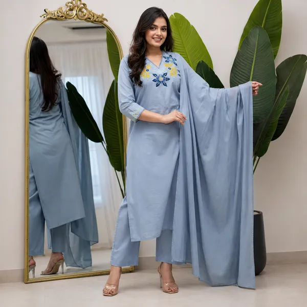 Blue_Cotton_Embroidered_Kurta_Pant_Dupatta_Set_For_Women
