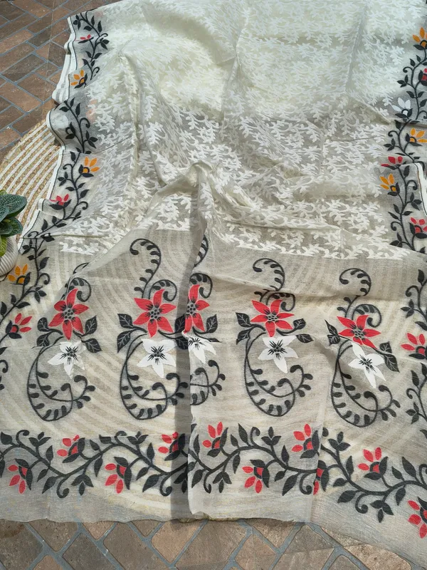 Cream_White_Cotton_Jamdani_With_Allover_Floral_Motifs_