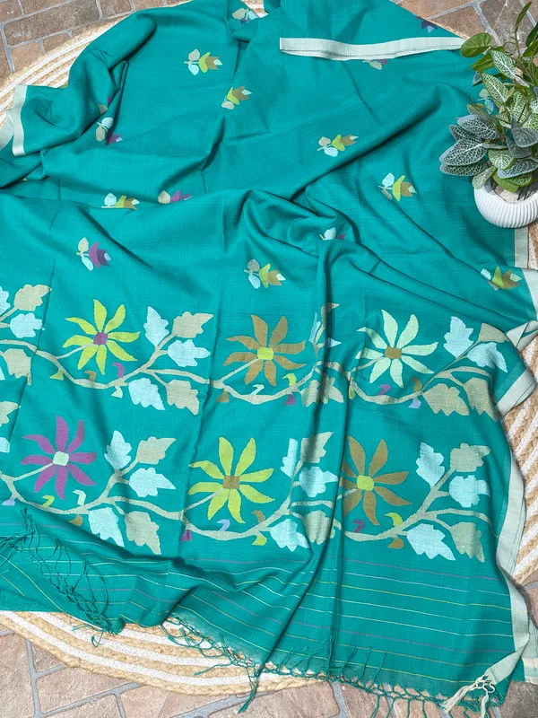 Teal_Floral_Saree_With_Mustard_Blouse_For_Women