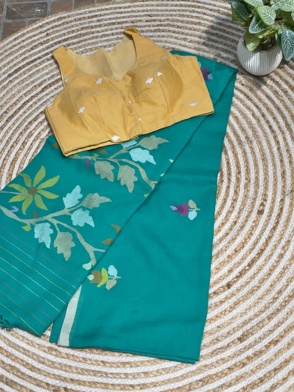 Teal_Floral_Saree_With_Mustard_Blouse_For_Women