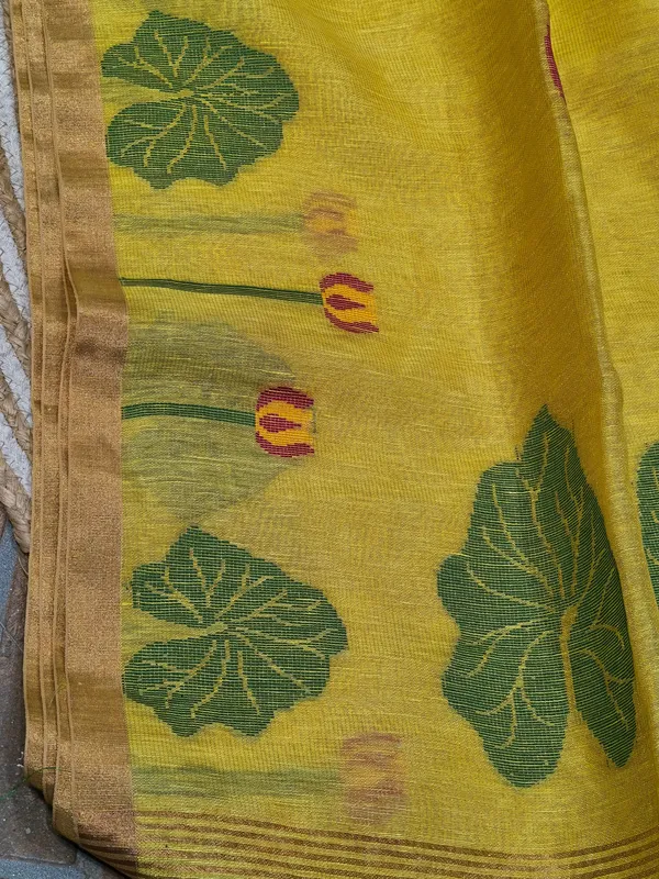 Antique_Gold_Tissue_Linen_Muslin_Saree_With_Lotus_Leaf_Motif