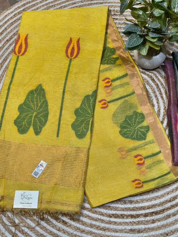 Antique_Gold_Tissue_Linen_Muslin_Saree_With_Lotus_Leaf_Motif