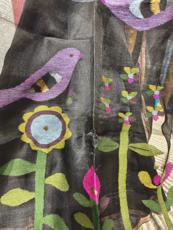 Black_Silk_Linen_Saree_With_Bird_Motif