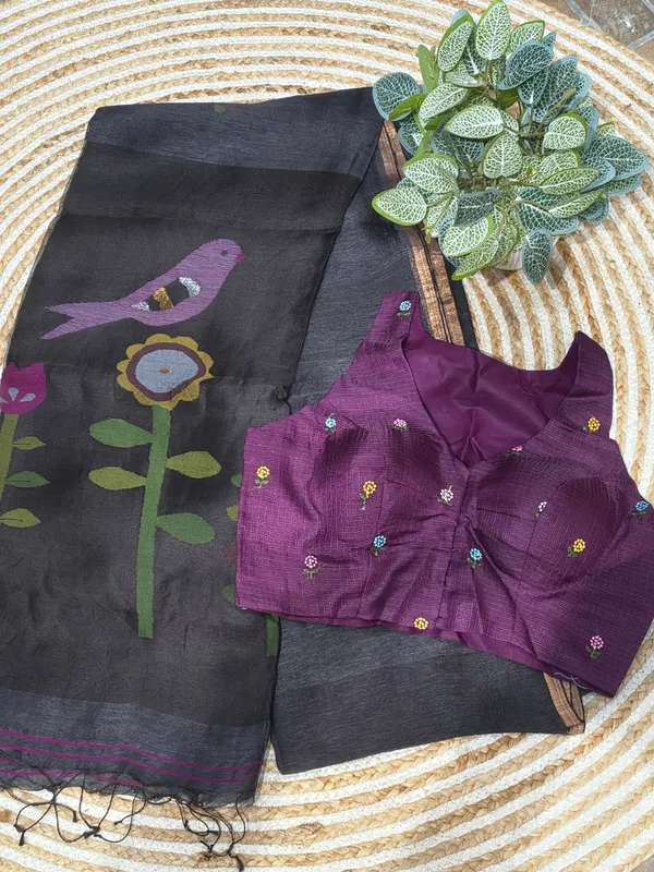 Black_Silk_Linen_Saree_With_Bird_Motif
