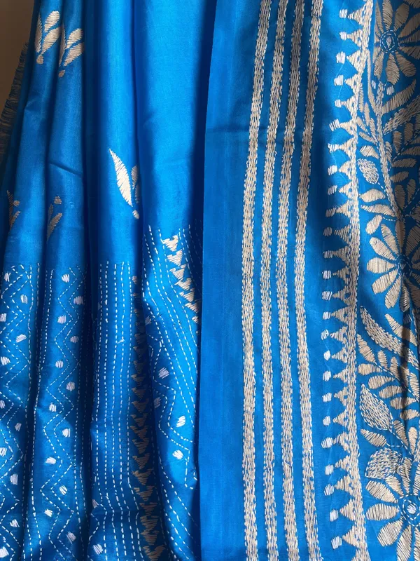 Blue_Blended_Silk_Kantha_Stitch_Saree_With_Floral_Threadwork