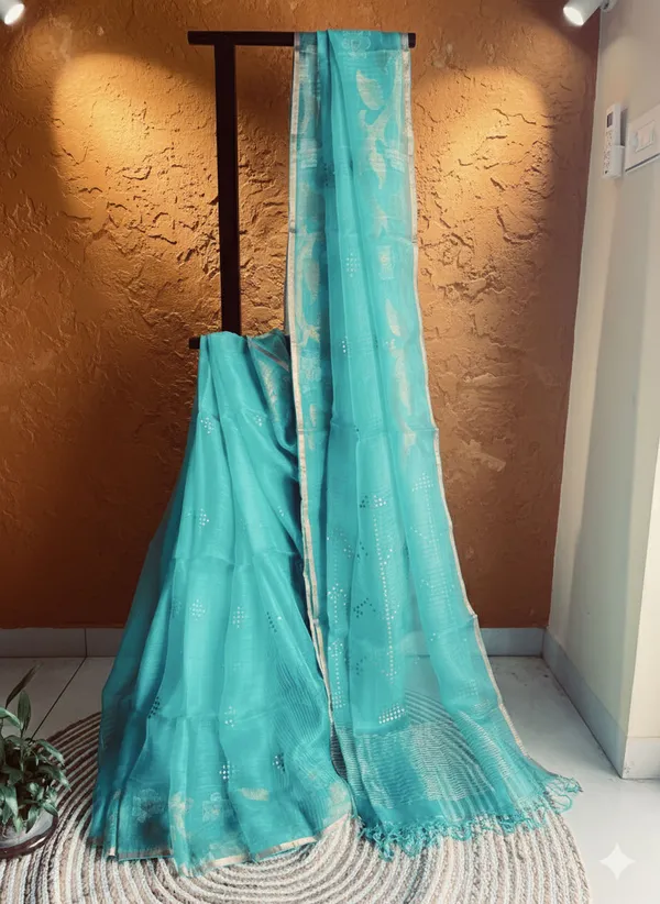 Sea_Green_Tissue_Muslin_Saree_With_Sequin_Work