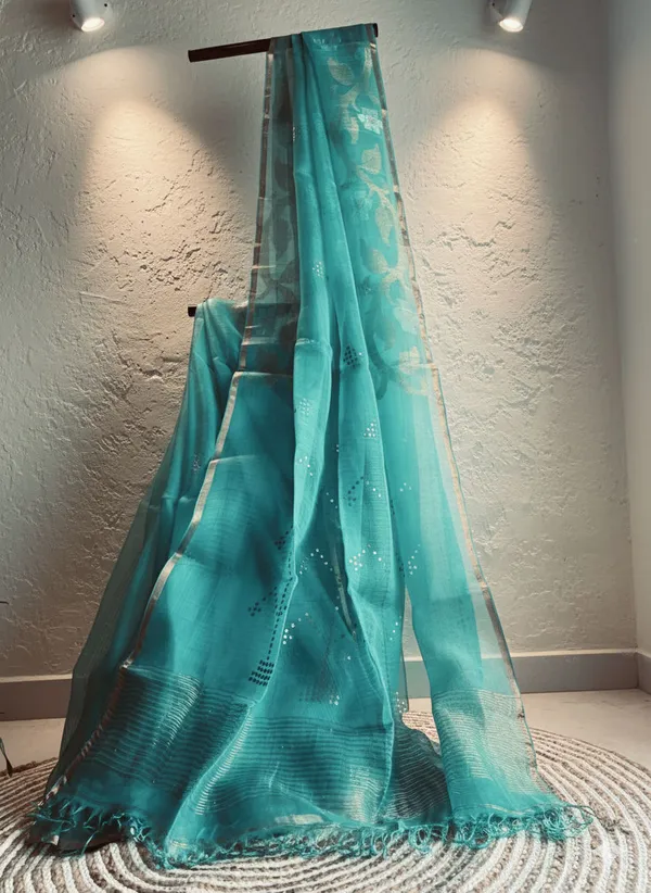 Sea_Green_Tissue_Muslin_Saree_With_Sequin_Work