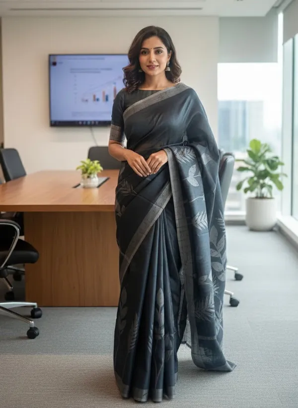 Grey_Pure_Silk_Wax_Batik_Saree_With_Leaf_Motif