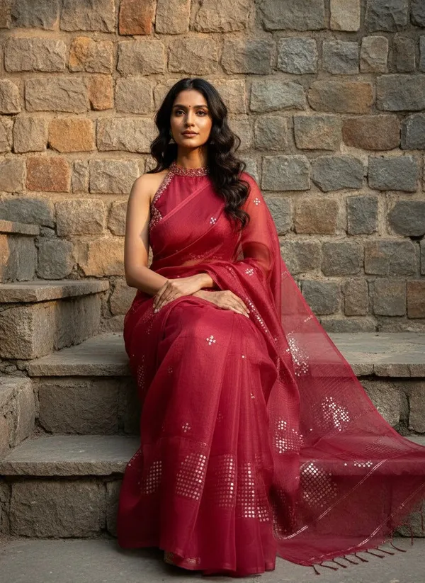 Red_Tissue_Muslin_With_Sequins_Temple_Border_Saree