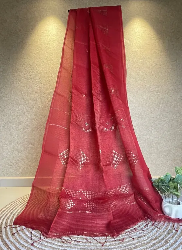 Red_Tissue_Muslin_With_Sequins_Temple_Border_Saree