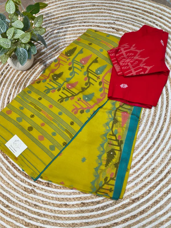 Olive_Yellow_Handloom_Soft_Cotton_Jamdani_Saree_With_Multicolor_Needle_Work