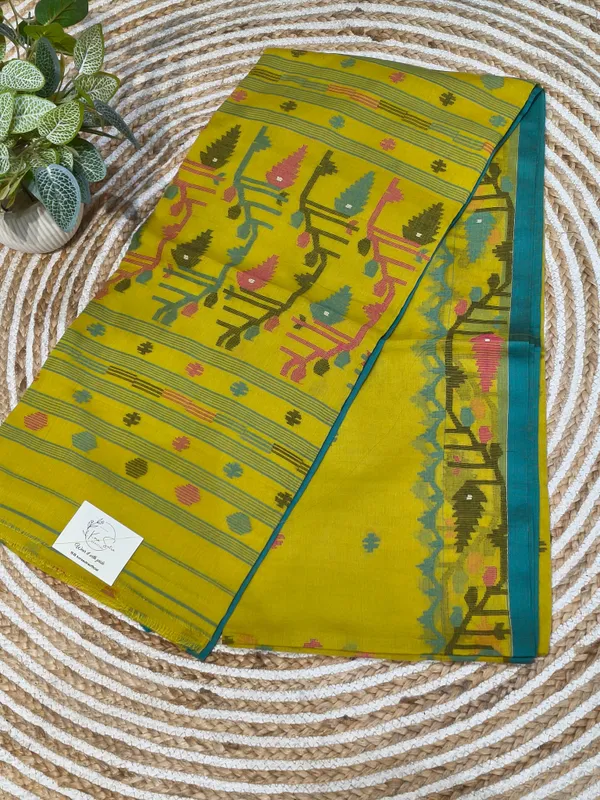 Olive_Yellow_Handloom_Soft_Cotton_Jamdani_Saree_With_Multicolor_Needle_Work
