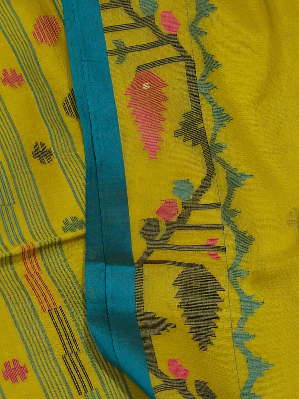 Olive_Yellow_Handloom_Soft_Cotton_Jamdani_Saree_With_Multicolor_Needle_Work