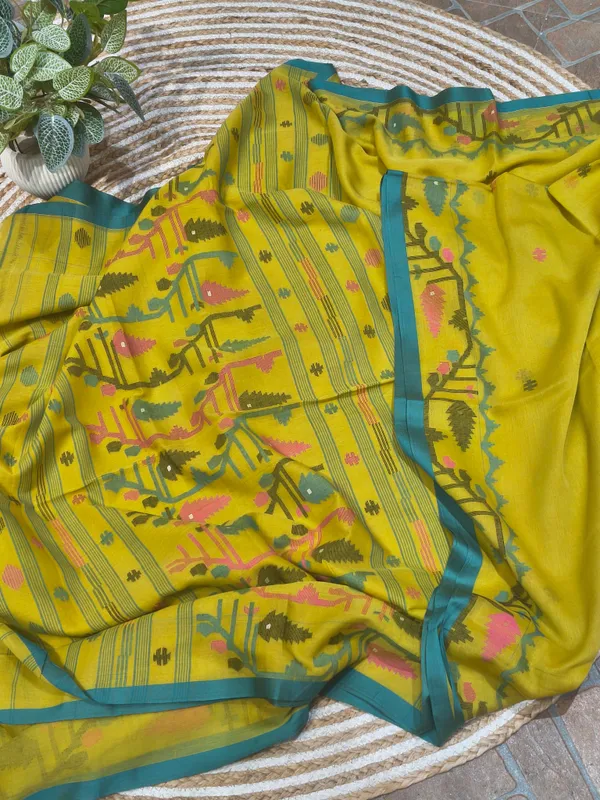 Olive_Yellow_Handloom_Soft_Cotton_Jamdani_Saree_With_Multicolor_Needle_Work