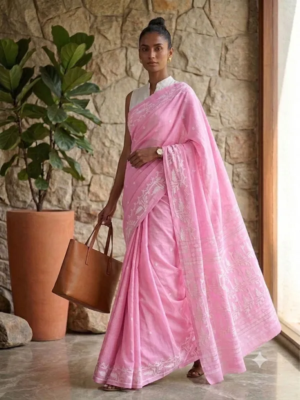 Pink_Handloom_Soft_Cotton_Jamdani_Saree_With_White_Needle_Work
