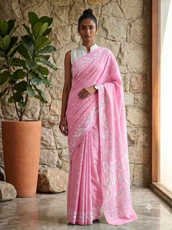 Pink_Handloom_Soft_Cotton_Jamdani_Saree_With_White_Needle_Work