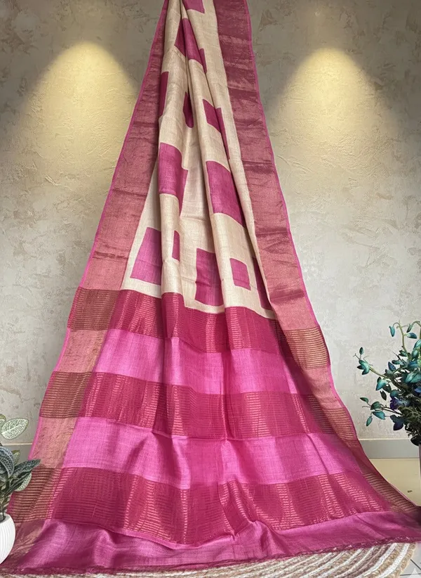 White_Tussar_Saree_With_Pink_Geometric_Motifs_In_Block_Print