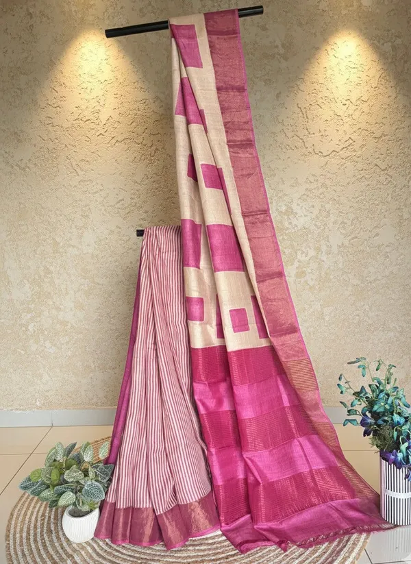 White_Tussar_Saree_With_Pink_Geometric_Motifs_In_Block_Print