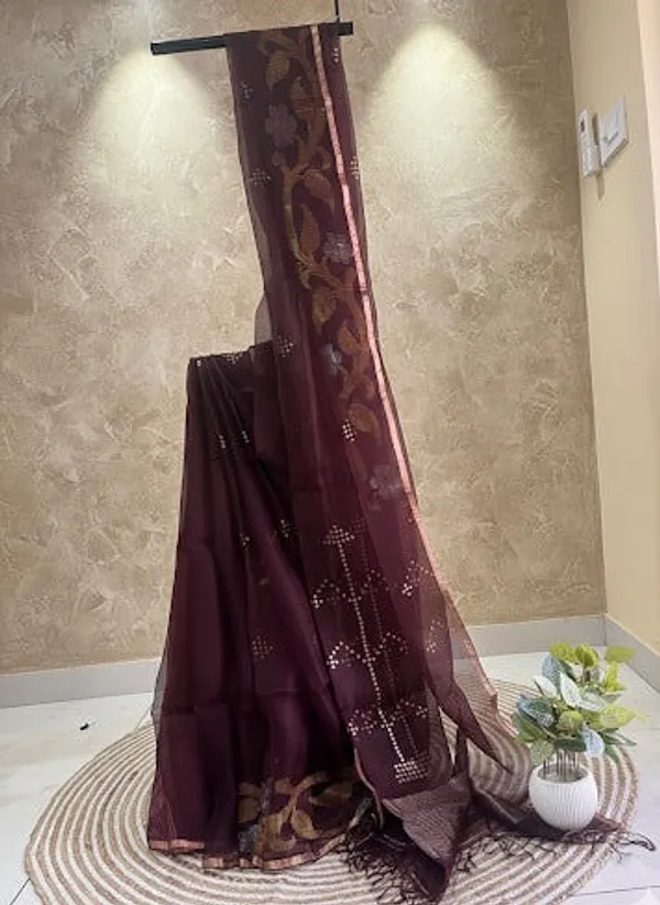 Chocolate_Brown_Muslin_Silk_Saree_With_Zari_Sequins_Border