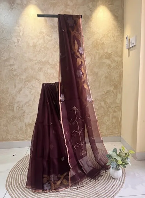 Chocolate_Brown_Muslin_Silk_Saree_With_Zari_Sequins_Border