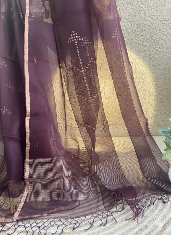 Chocolate_Brown_Muslin_Silk_Saree_With_Zari_Sequins_Border