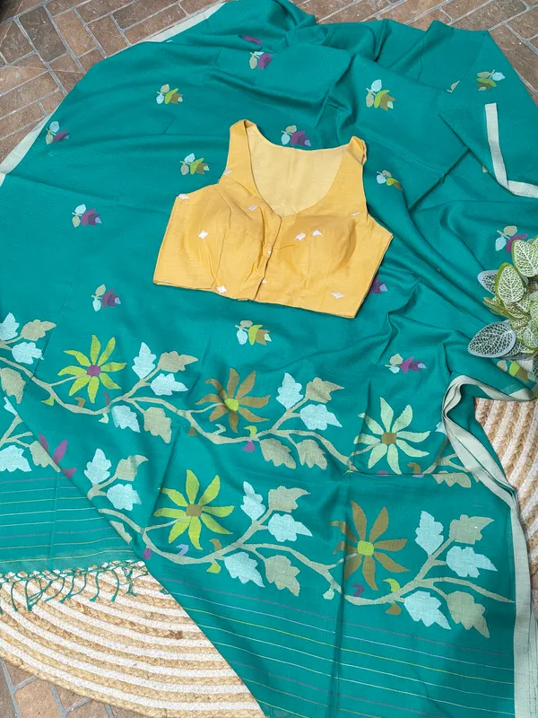 Teal_Floral_Saree_With_Mustard_Blouse_For_Women