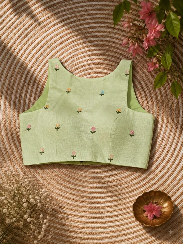 Green_Saree_with_Cotton_Sleeveless_Floral_Embroidered_Blouse_for_Women