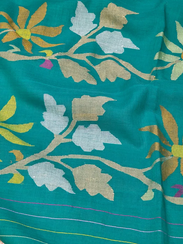 Teal_Floral_Saree_With_Mustard_Blouse_For_Women
