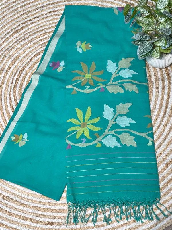 Teal_Floral_Saree_With_Mustard_Blouse_For_Women