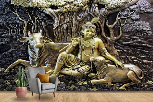 God_Collection_Mural_Krishna_With_Cows_Wallpaper