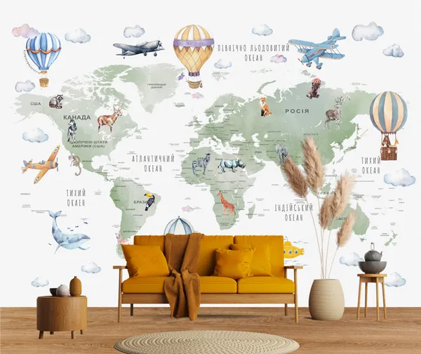Wall_Mural_With_Airplanes_And_Airballon_On_World_Map_Them_Non_Woven_Washable