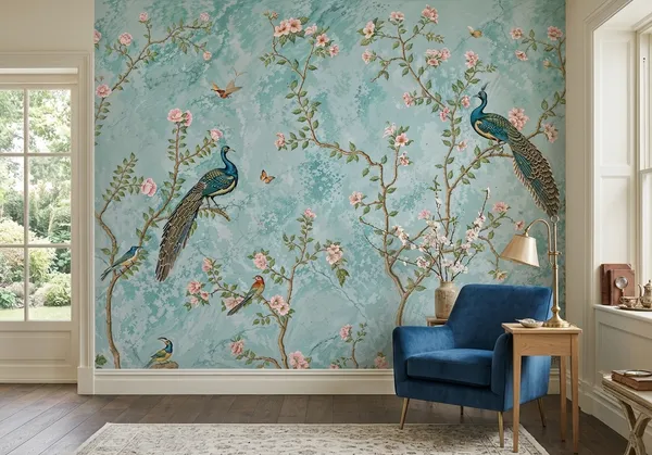 Tropical_peacock__Floral_Print_Wallpaper