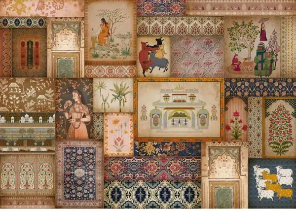 Multicolour_Sculptural_Women_pichwai__warli_Mural_Wallpaper