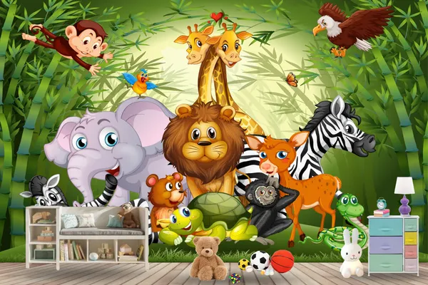 3d_Kids_Animal_Group_Customized_Wallpaper