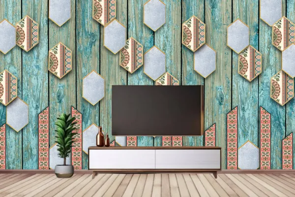 Geometric_Wooden_Sky_Blue_Texture_With_Traditional_Design_Wallpaper