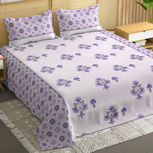 Lavender_Floral_Print_Double_Bedsheet_Set_With_Pillow_Covers