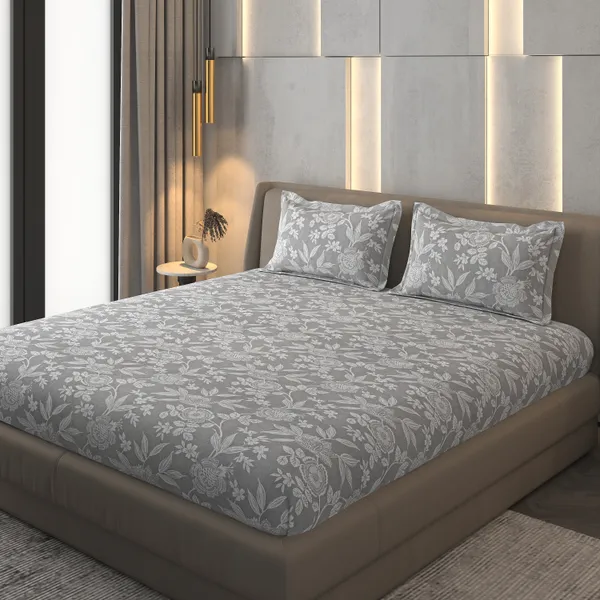 Grey_Floral_Print_Bed_Sheet_Set