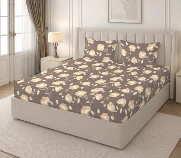 Brown_And_Beige_Floral_Print_Bedsheet_With_Pillow_Covers