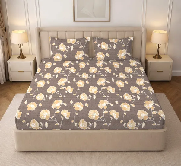 Brown_And_Beige_Floral_Print_Bedsheet_With_Pillow_Covers
