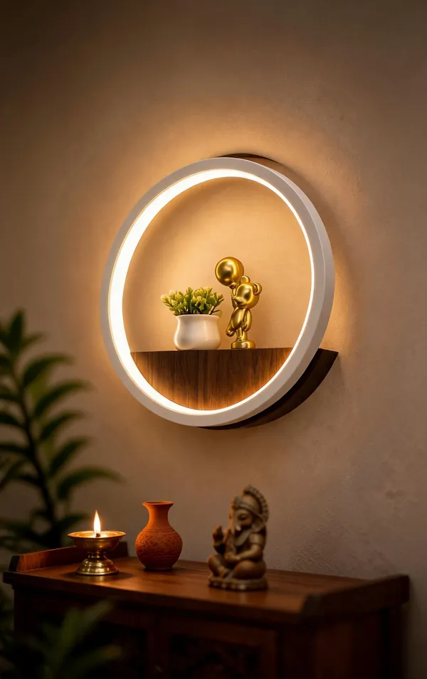 Acrylic_Wood_Finish_Round_LED_Wall_Mirror_With_Shelf