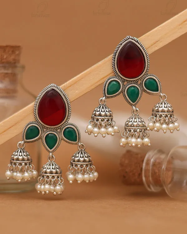 Red_Green_Stone_Silver_Tone_Jhumka_Dangler_Earrings_For_Women
