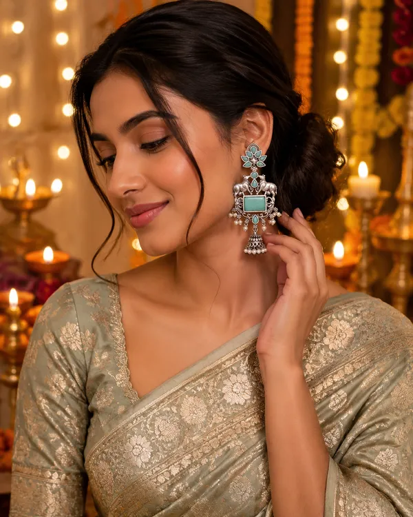 Silver_Turquoise_Oxidised_Elephant_Jhumka_Dangler_Earrings_For_Women